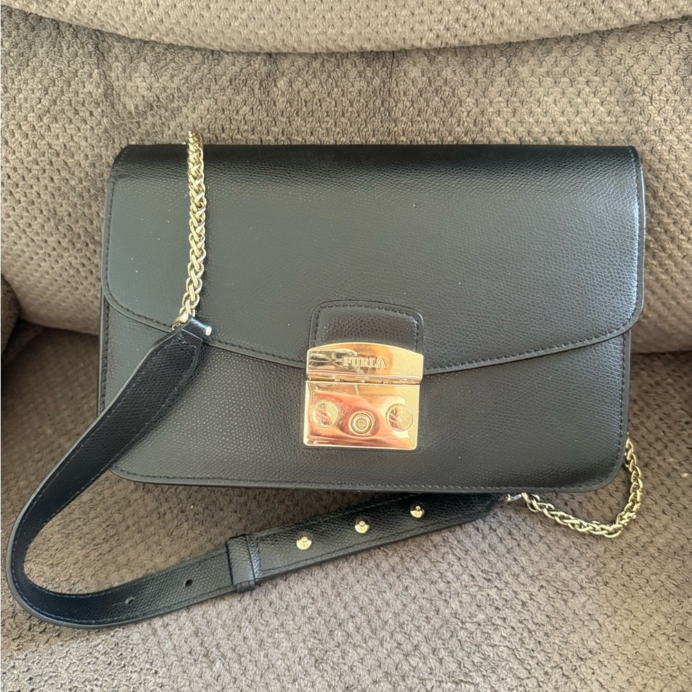 Furla Black Crossbody Bag with Gold Chain